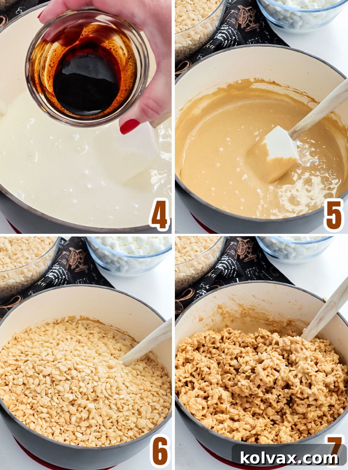 A collage showing the process of dissolving instant coffee, adding it to the marshmallow mixture, and then gently folding in Rice Krispies cereal.