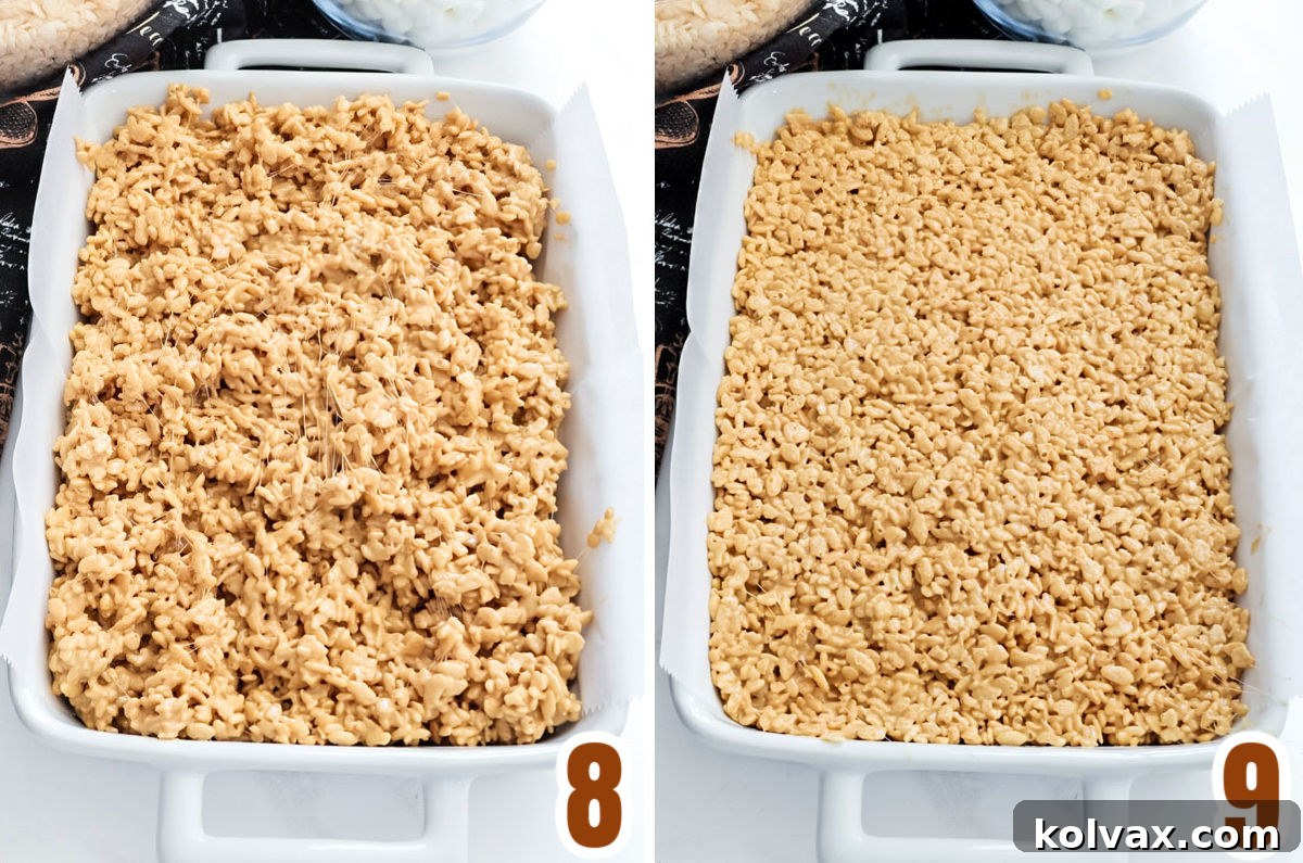 A single image capturing the moment the Coffee Rice Krispie mixture is being spooned into a 9x13 inch baking pan.