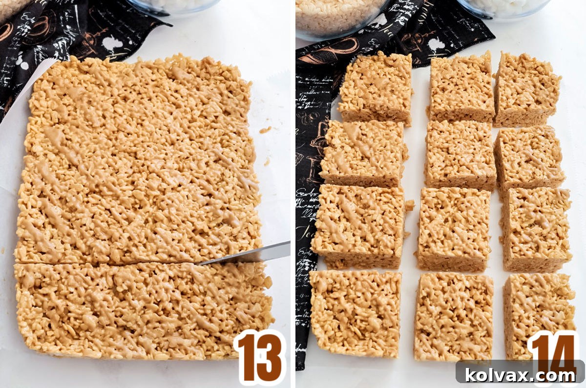 A step-by-step collage illustrating the removal of the cooled Coffee Rice Krispie Treats from the pan and their subsequent cutting into neat individual squares.