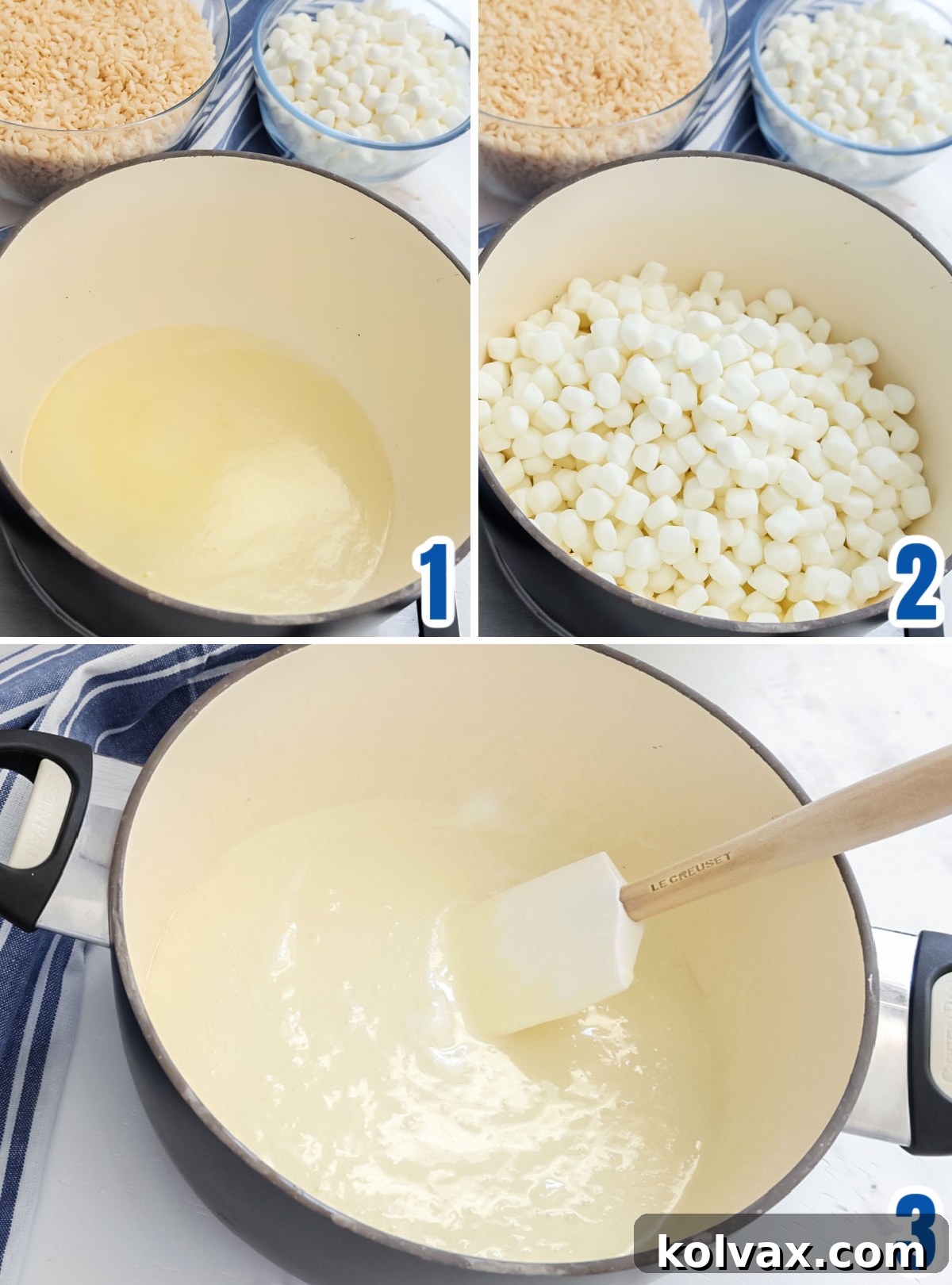 Collage of images illustrating the process of melting butter and mini marshmallows in a large saucepan for the Maple Rice Krispie Treats.