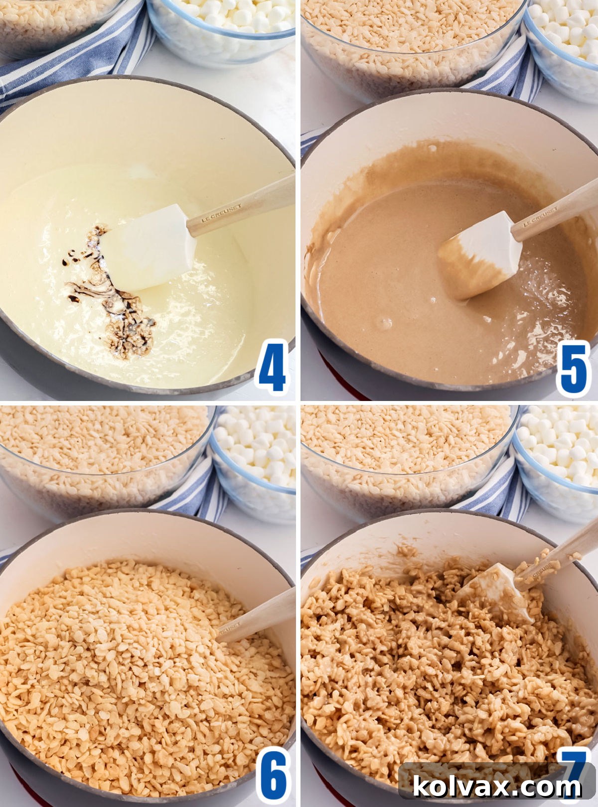 Collage of images depicting the addition of maple flavoring to the melted marshmallow mixture, followed by gently folding in the Rice Krispie Cereal.