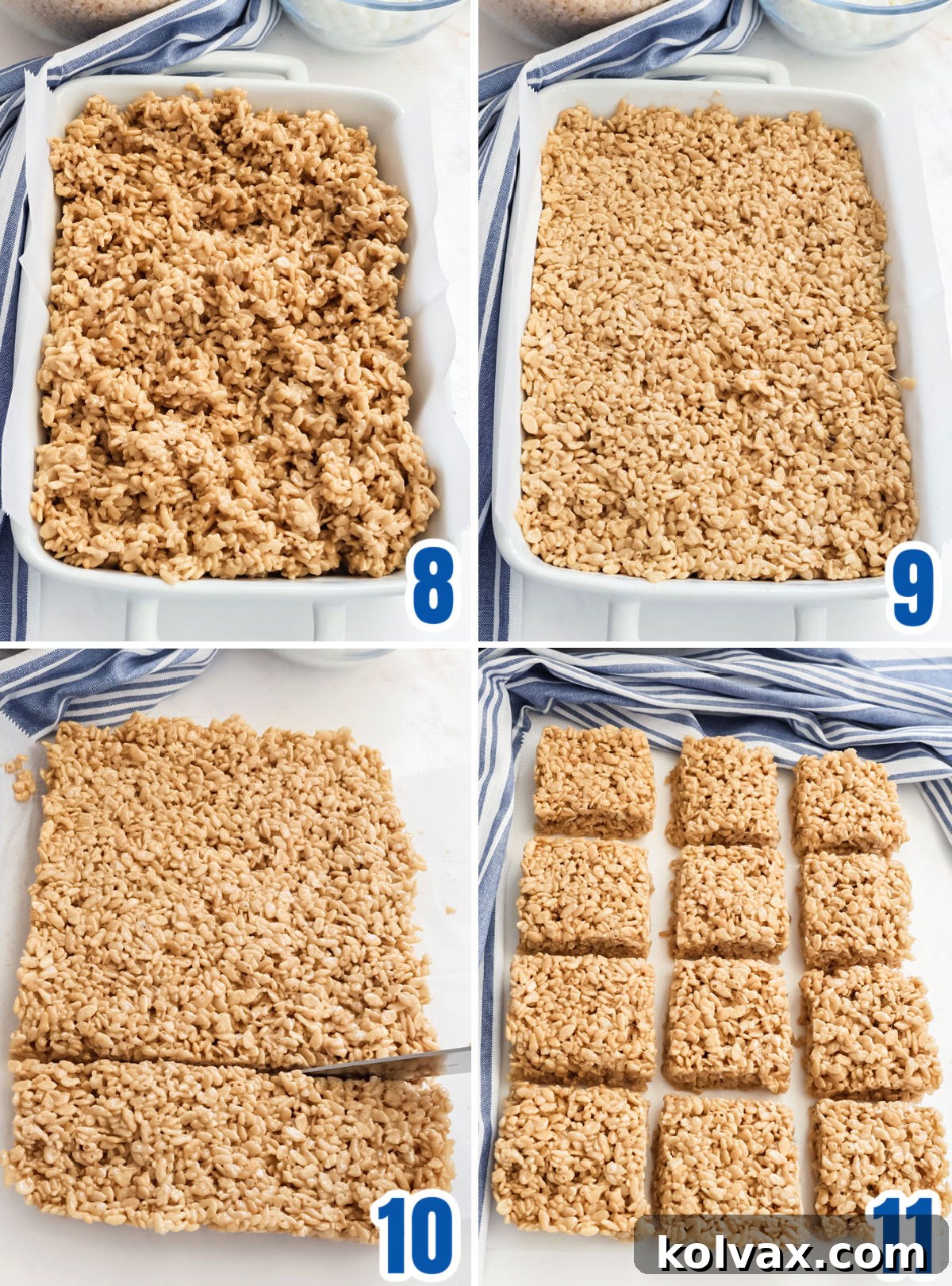 Collage of images showing the process of spooning the Maple Rice Krispie Treat mixture into a 9x13" pan and then cutting the cooled treats into squares.