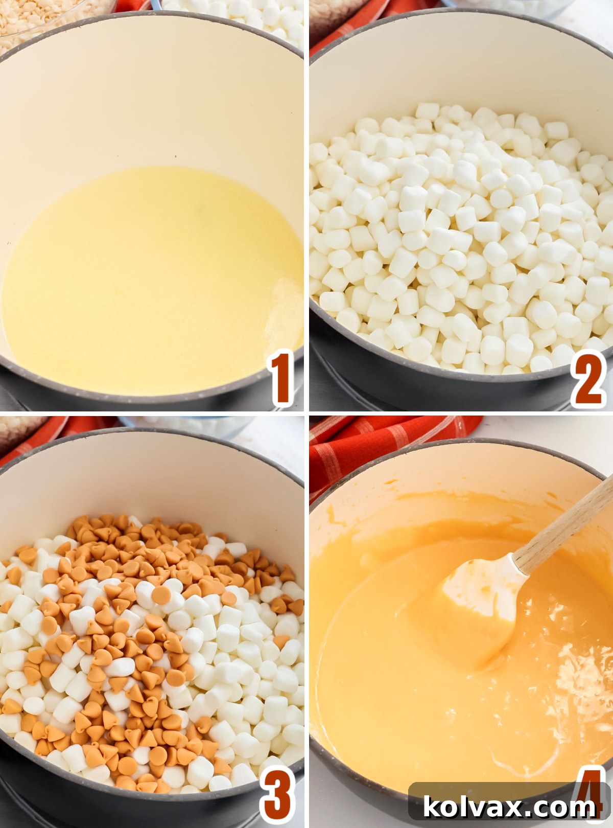 A visual guide showing the melting process: butter, then marshmallows, then butterscotch chips combining in a saucepan to form a smooth, golden mixture.