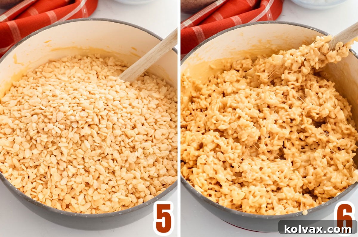 Collage image demonstrating how to gently fold Rice Krispies Cereal into the warm, gooey butterscotch marshmallow mixture, ensuring even coating.