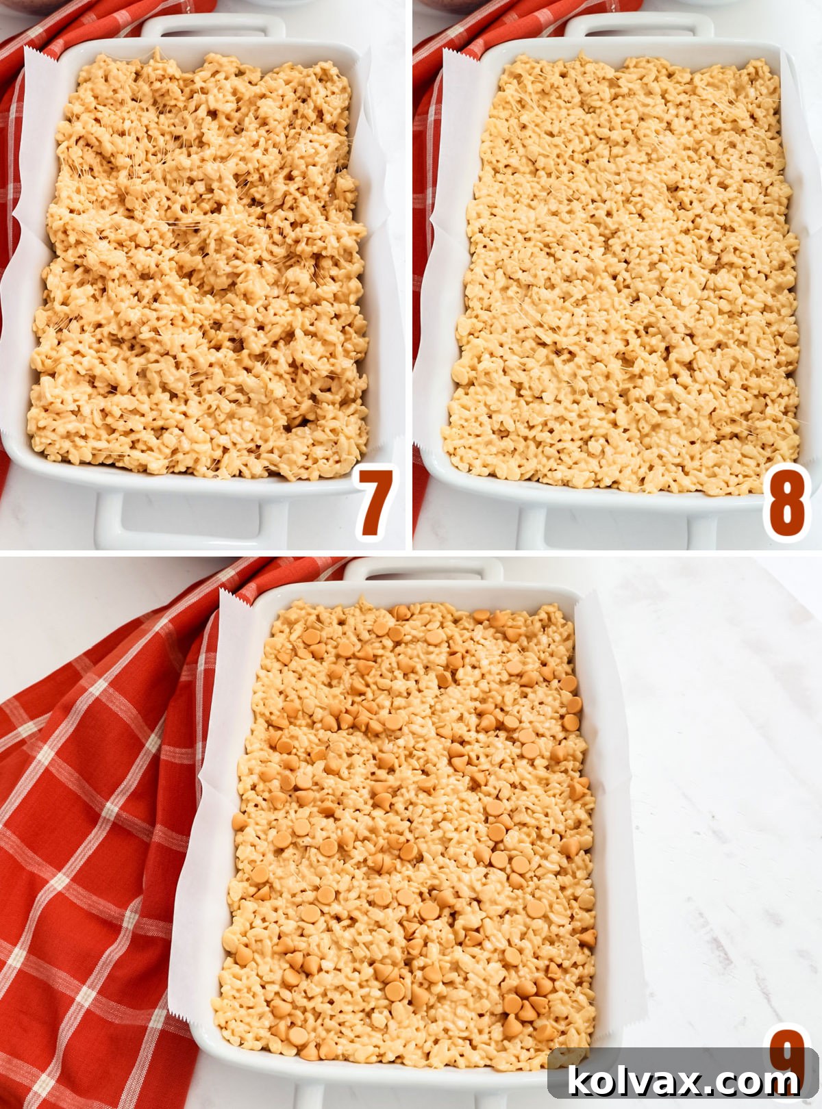 Collage image illustrating the process of pressing the Butterscotch Rice Krispie Treat mixture into a 9x13 inch pan and sprinkling with extra chips.