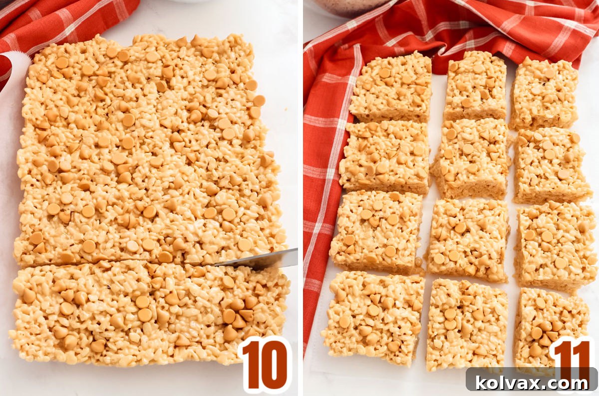 Collage images showcasing the final steps: cooling the treats and then cutting them into individual squares for serving.