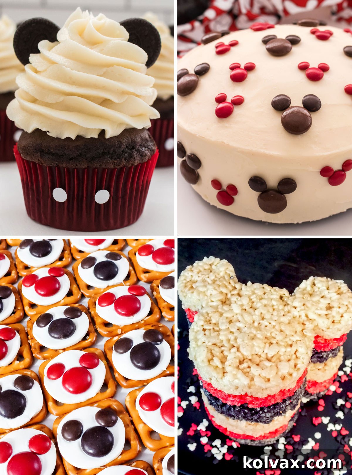 Assortment of Mickey Mouse themed desserts including cupcakes, pretzel bites, and rice krispie treats.