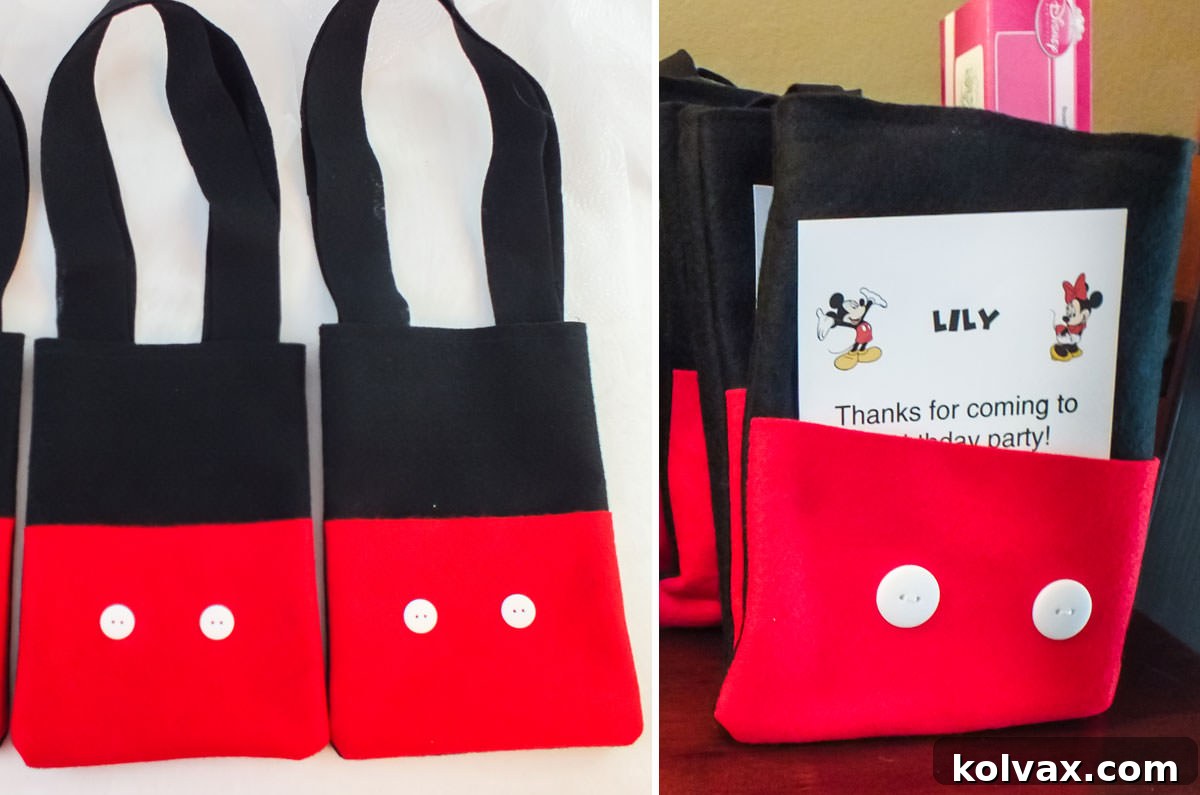Custom made Mickey Mouse themed party favor bags with red pockets and white buttons.