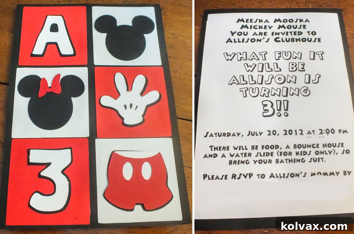 Handmade Mickey Mouse themed birthday invitations created with a Cricut machine.