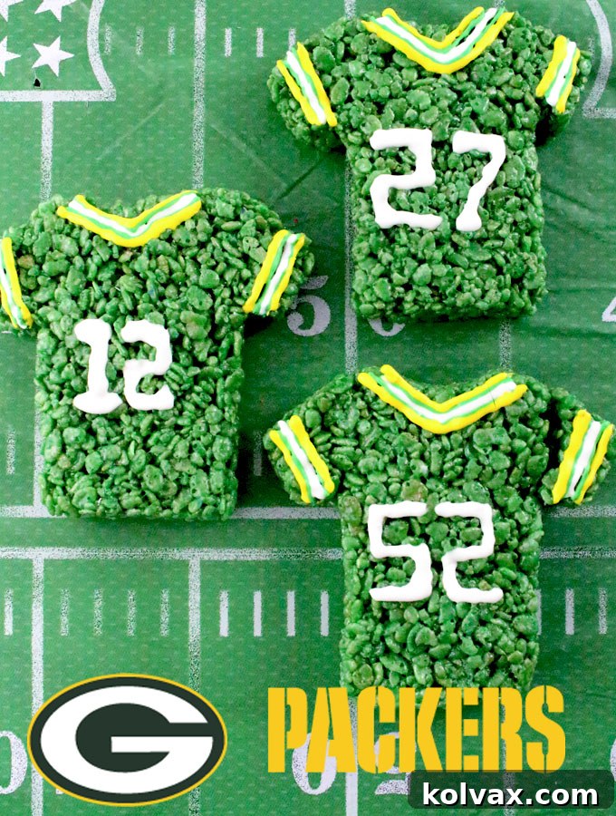 Close-up of Green Bay Packers Rice Krispie Treats, perfect for football parties