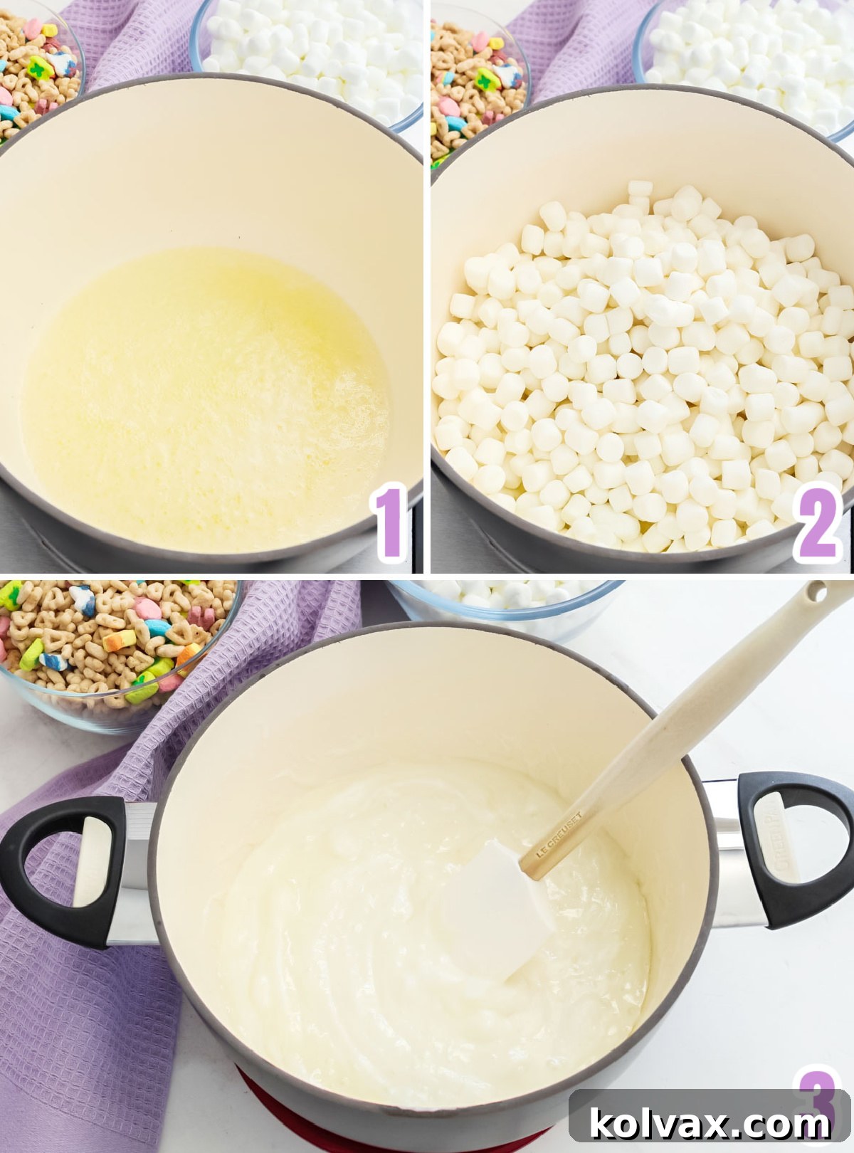 Charmed Marshmallow Delights 4 Collage image showing the steps for melting the butter and the mini marshmallows.