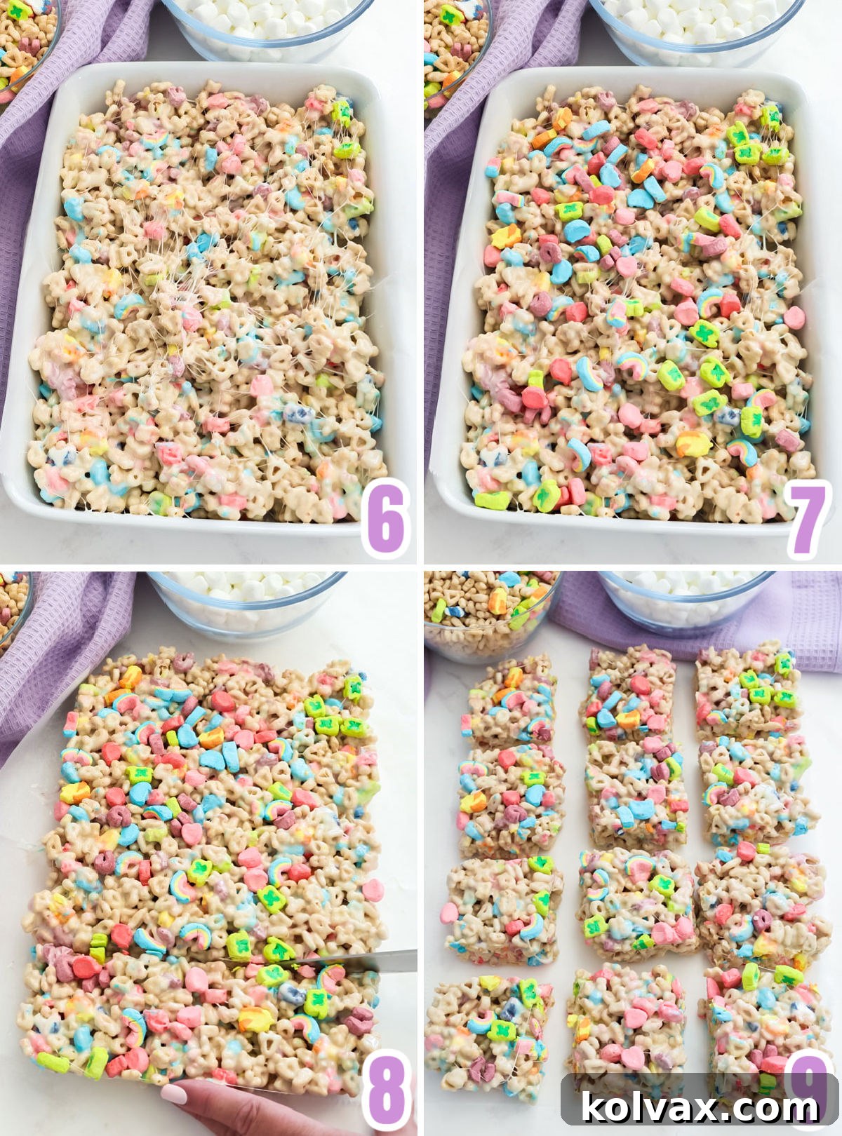 Charmed Marshmallow Delights 6 Collage image showing how to pour the Marshmallow Treat mixture into a 9x13" pan.