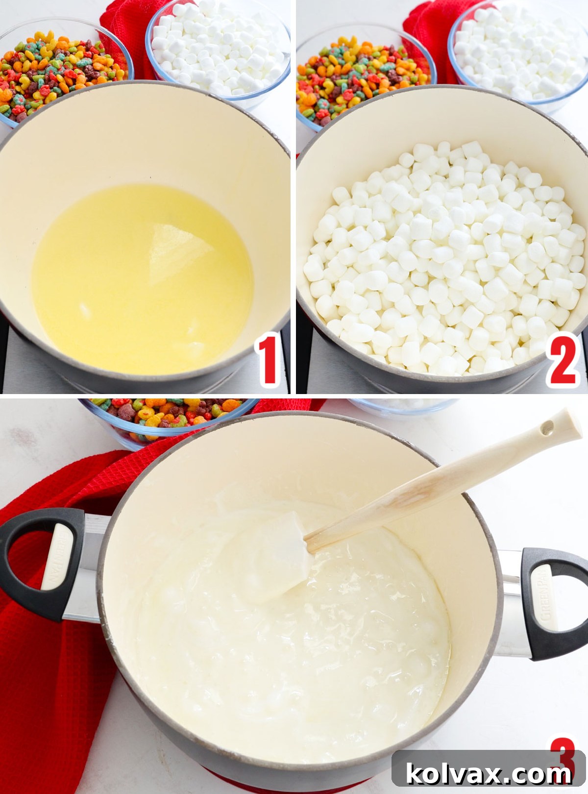 Trix Fruity Marshmallow Squares 4 A collage showing butter melting in a saucepan and then mini marshmallows being added and stirred until fully melted for the Trix treats.