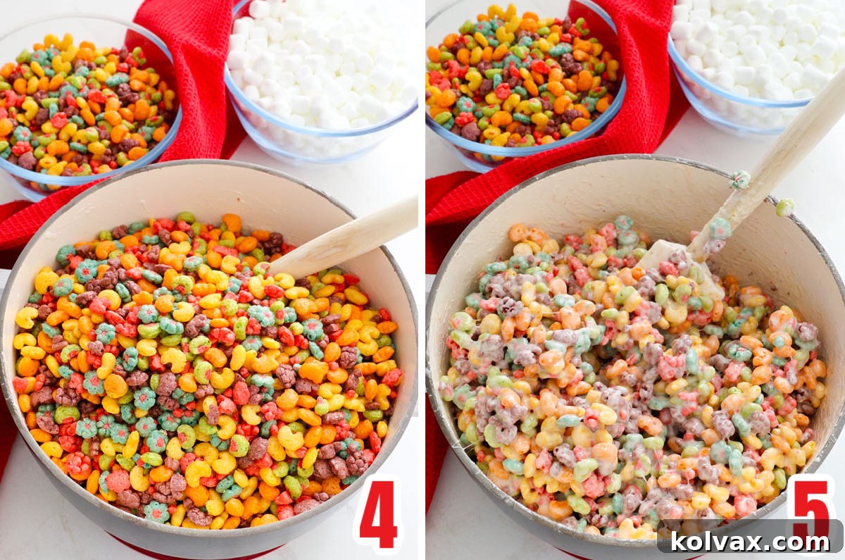 Trix Fruity Marshmallow Squares 5 A collage showing Trix Cereal being added to the melted marshmallow mixture and then gently folded together.