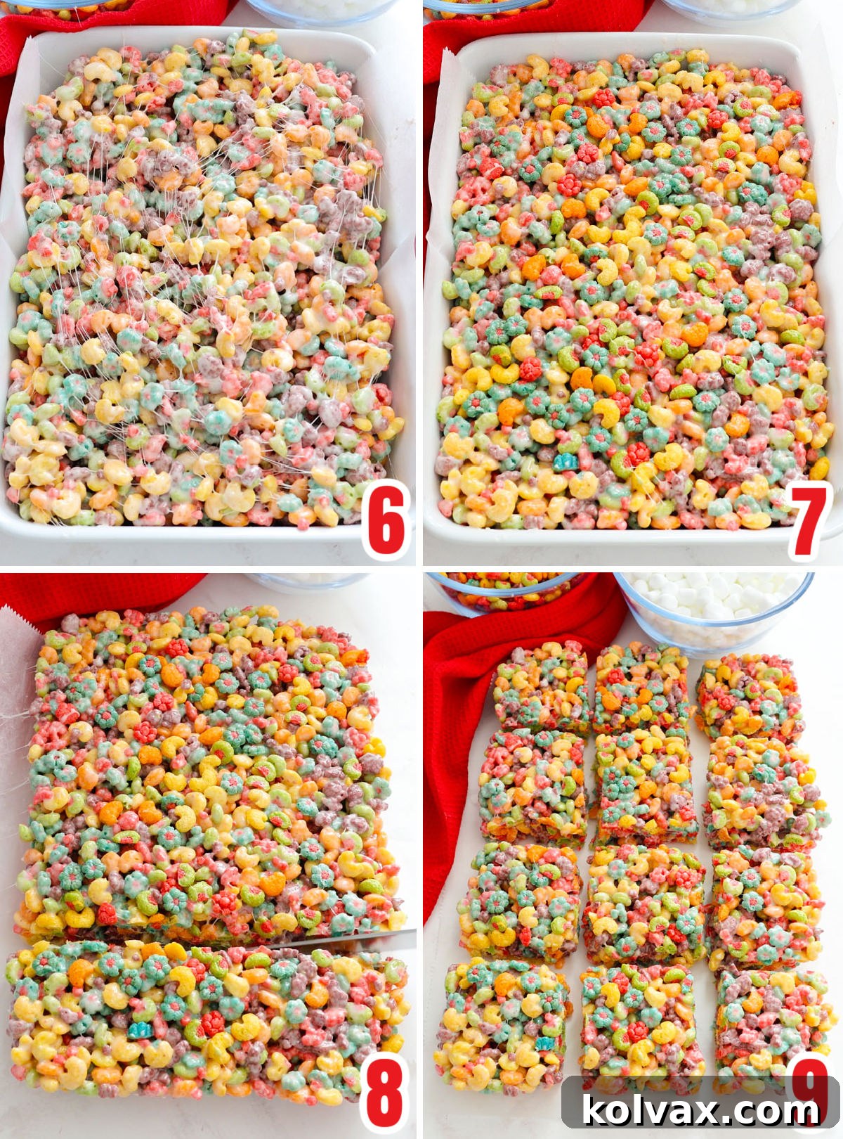 Trix Fruity Marshmallow Squares 6 A collage showing the Trix Marshmallow Treat mixture being spooned into a 9x13 inch pan.