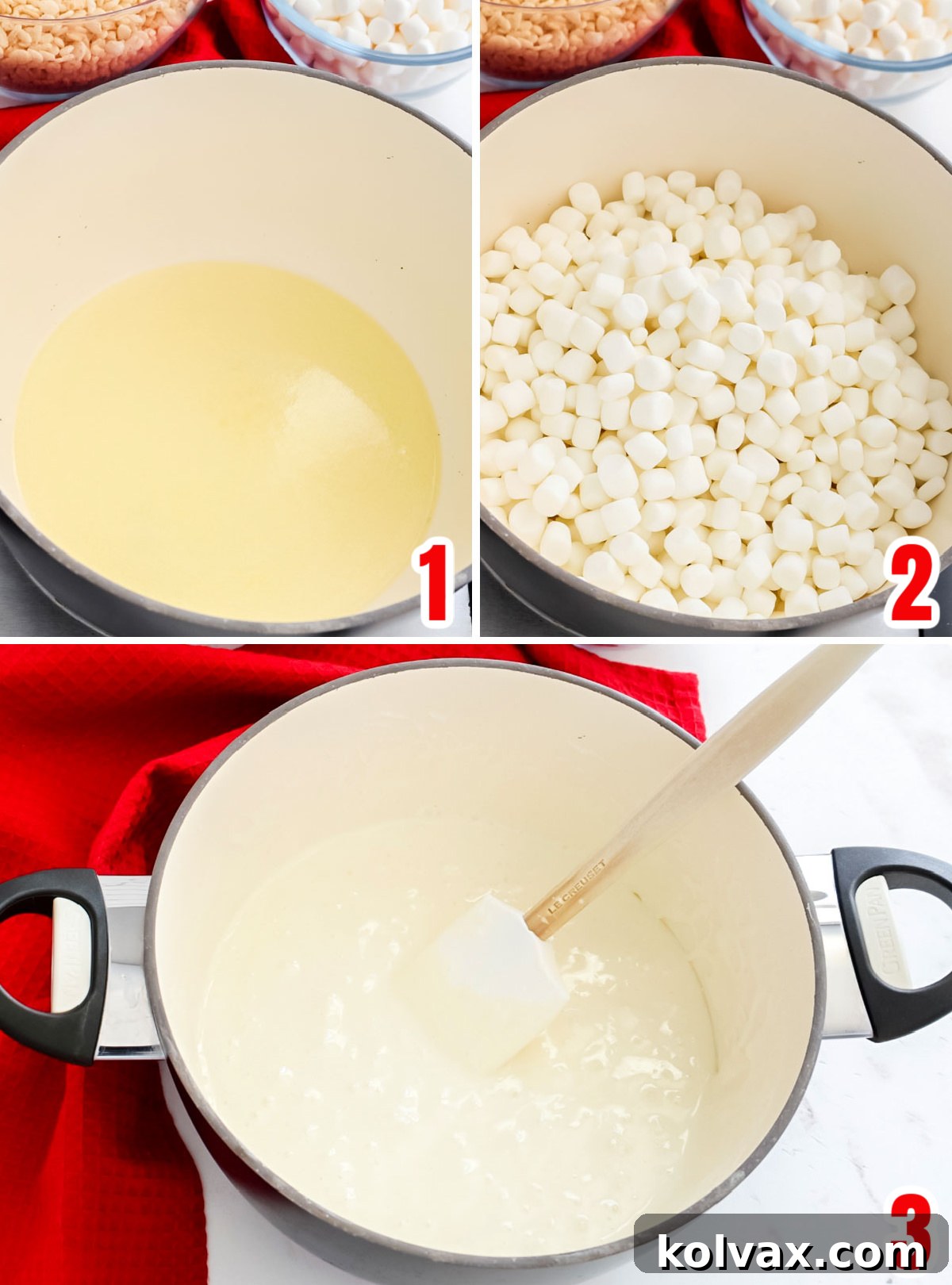 Sweetheart M&M Rice Krispie Bars 4 A visual guide illustrating the initial steps of melting butter in a large saucepan, followed by the addition of mini marshmallows, to create the smooth, sticky base for homemade Rice Krispie treats.
