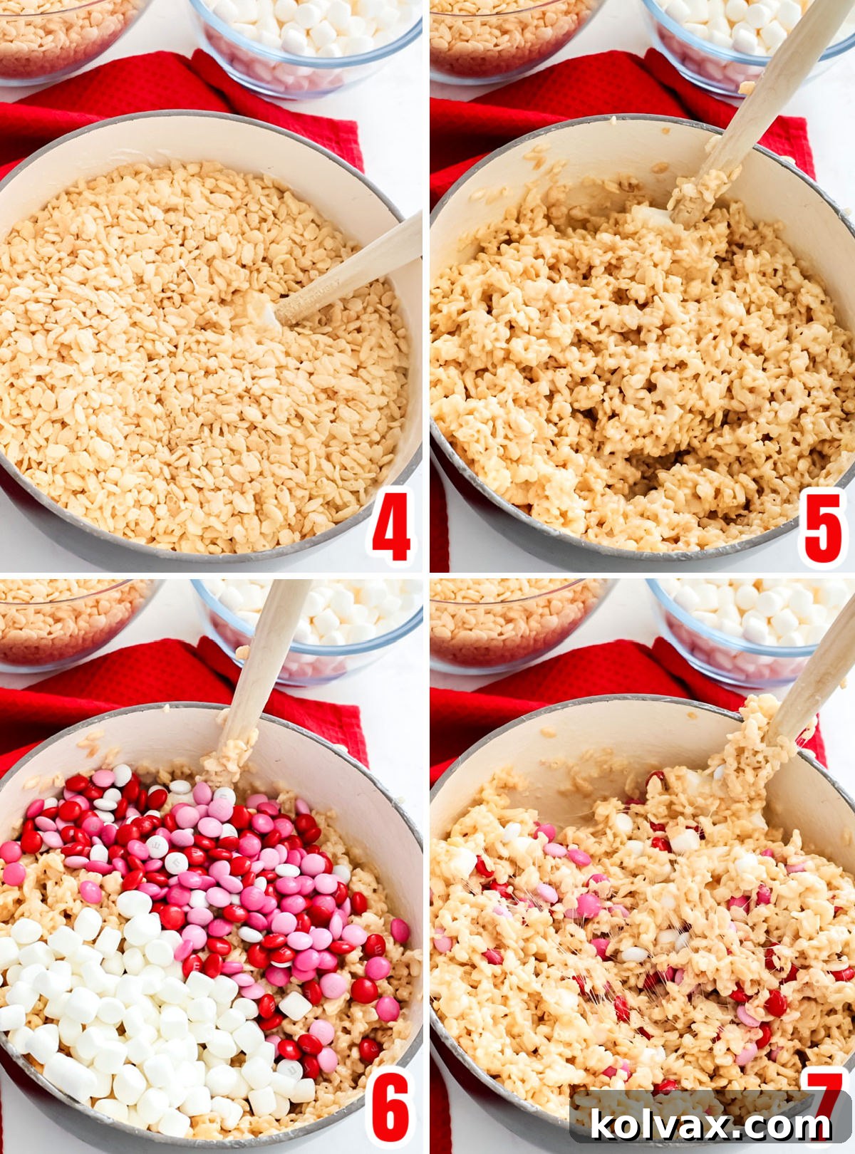 Sweetheart M&M Rice Krispie Bars 5 A four-panel collage showcasing the process of mixing Rice Krispies cereal into melted marshmallows, followed by folding in vibrant, frozen Valentine's M&M's and additional mini marshmallows, ensuring a well-combined and festive mixture.