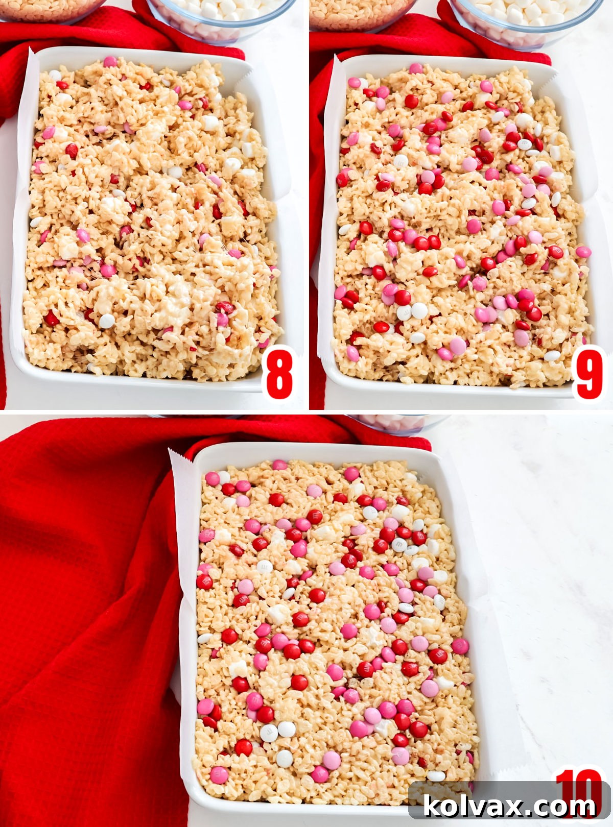 Sweetheart M&M Rice Krispie Bars 6 A step-by-step visual of the assembly process, showing the warm Rice Krispie treat mixture being spooned into a 9x13 inch pan, which is conveniently lined with parchment paper for easy removal.
