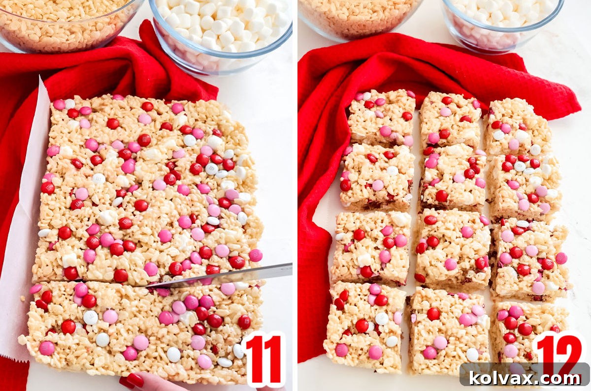 Sweetheart M&M Rice Krispie Bars 7 A visual guide demonstrating the final step of cutting cooled Valentine's Day M&M Rice Krispie Treats into uniform squares, making them ready to serve and enjoy.