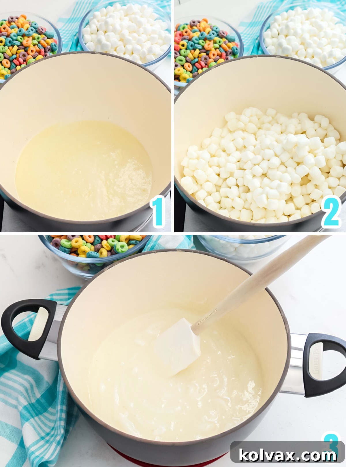 Collage image showing the steps for melting the butter and the mini marshmallows for Fruit Loops Marshmallow Treats.
