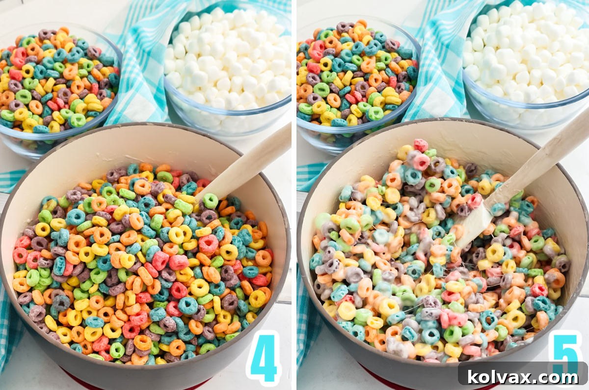 Collage image showing the steps for adding the Froot Loops Cereal to the melted marshmallow mixture.