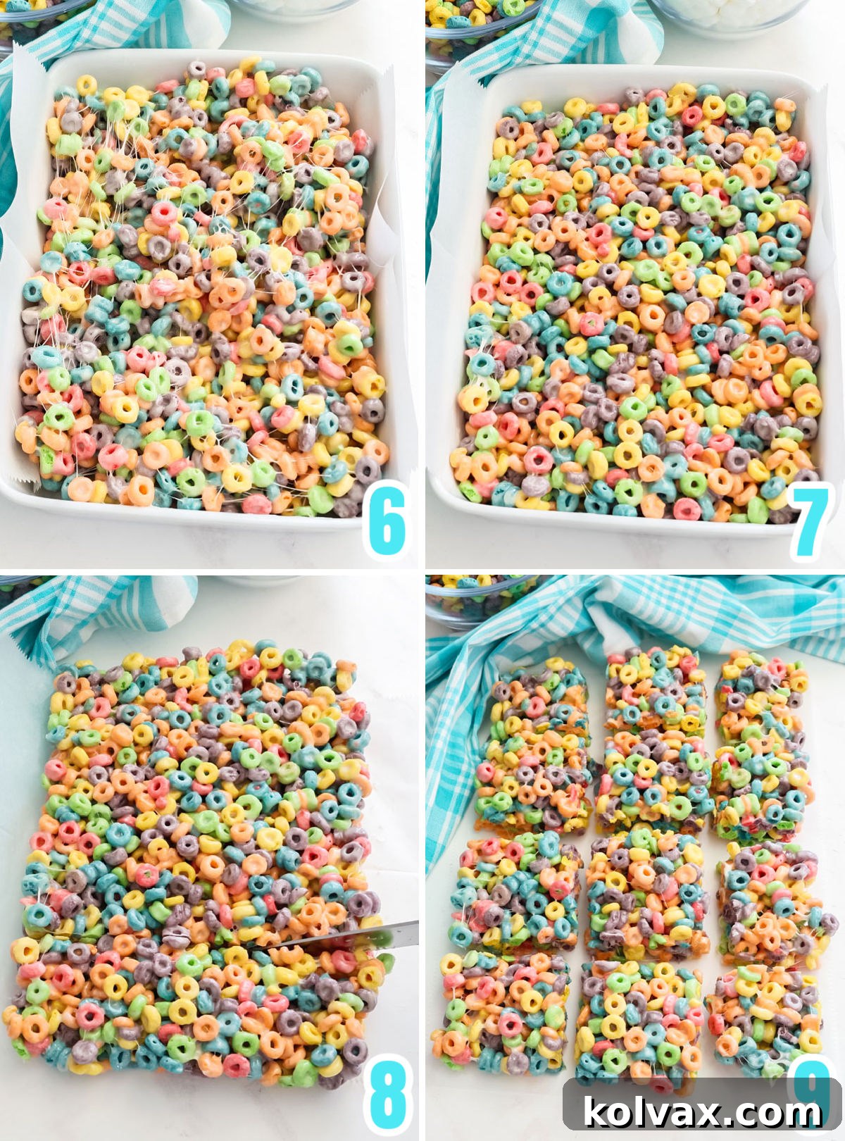 Collage image showing the steps for pouring the cereal mixture into a 9x13" pan.
