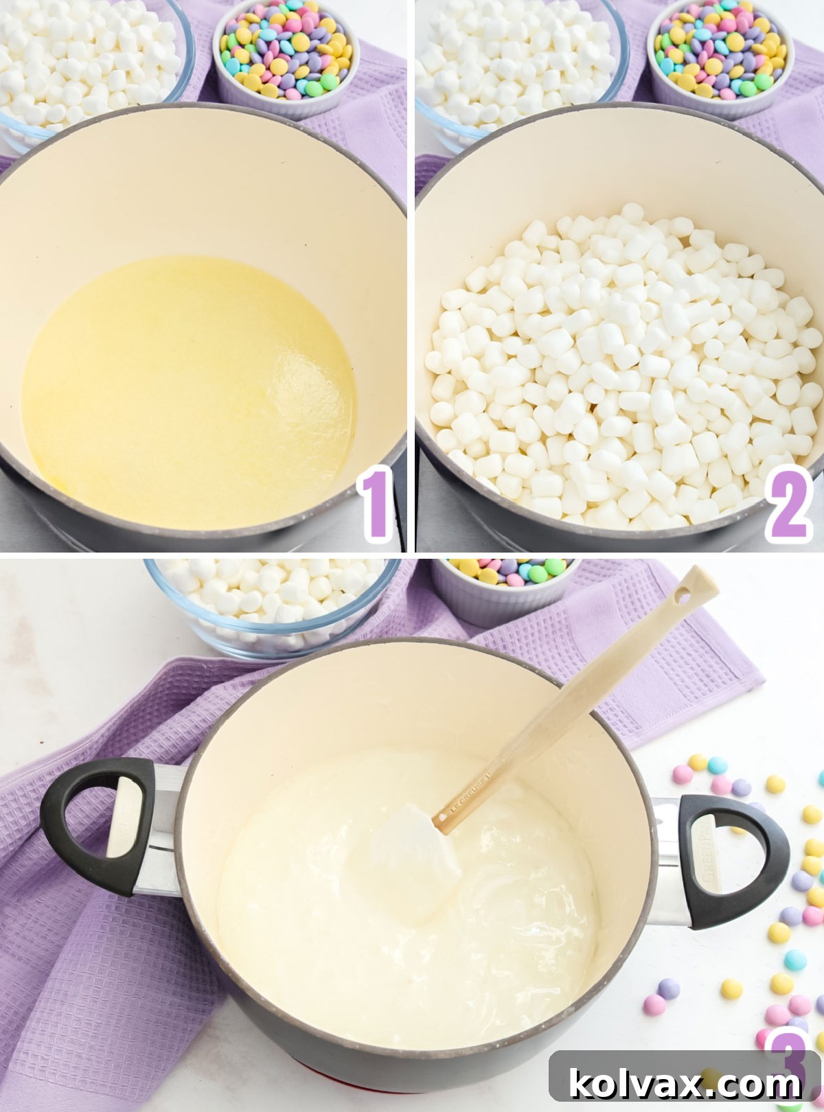 Collage image demonstrating the crucial steps for melting butter and mini marshmallows to create the gooey base for Rice Krispie Treats.
