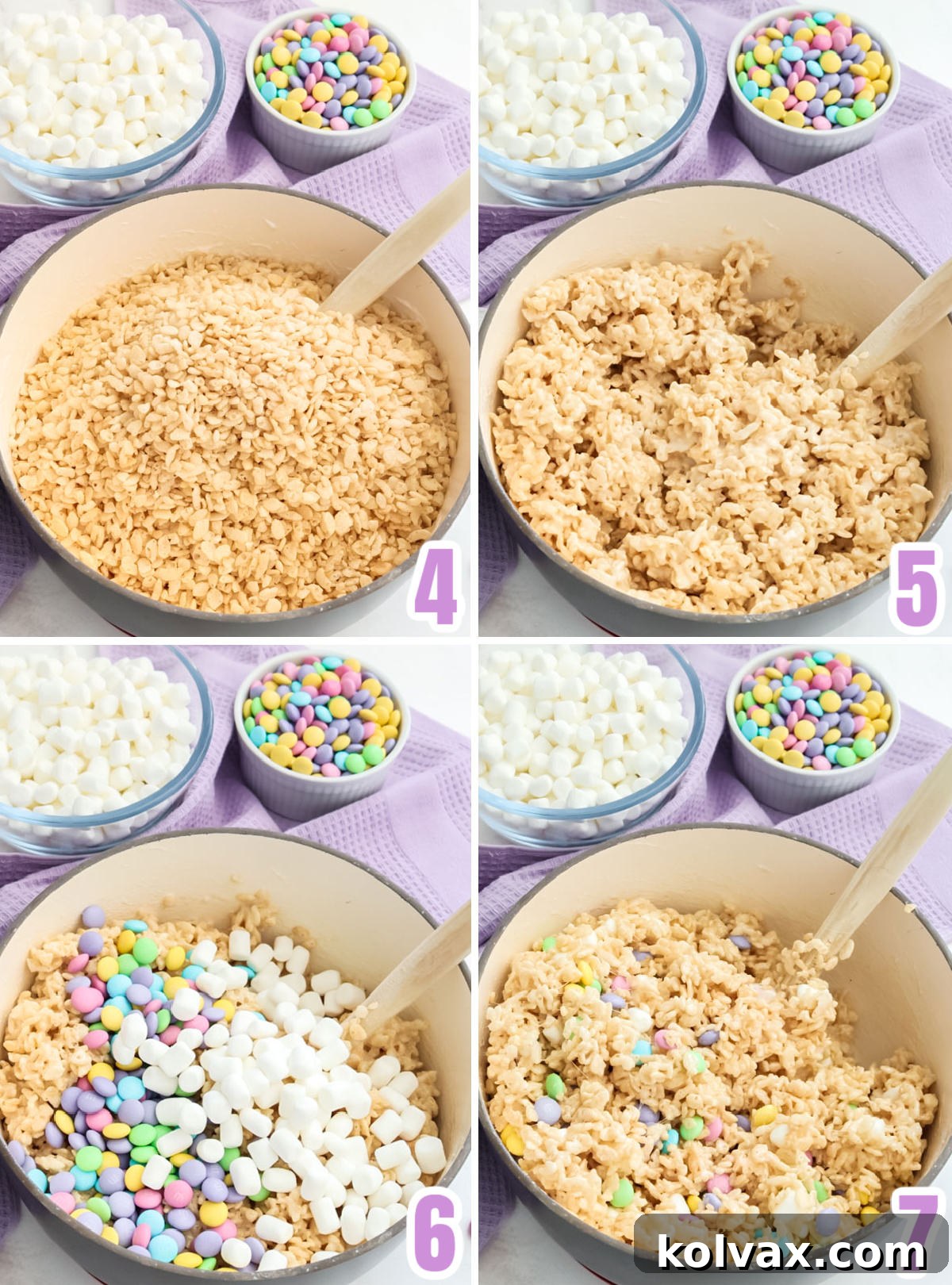 Collage image showcasing the steps for gently folding Rice Krispie Cereal and frozen Pastel M&M's into the warm marshmallow mixture.