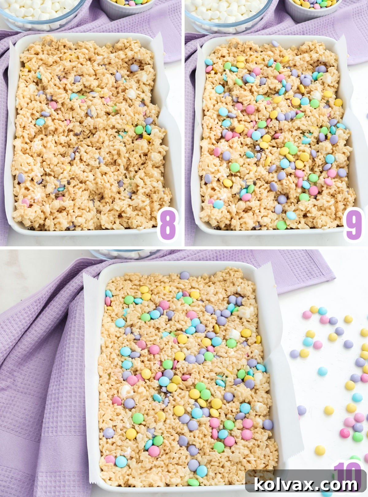 Collage image showing the simple steps for spreading the sticky Rice Krispie Treat mixture into a 9x13" pan and pressing lightly.