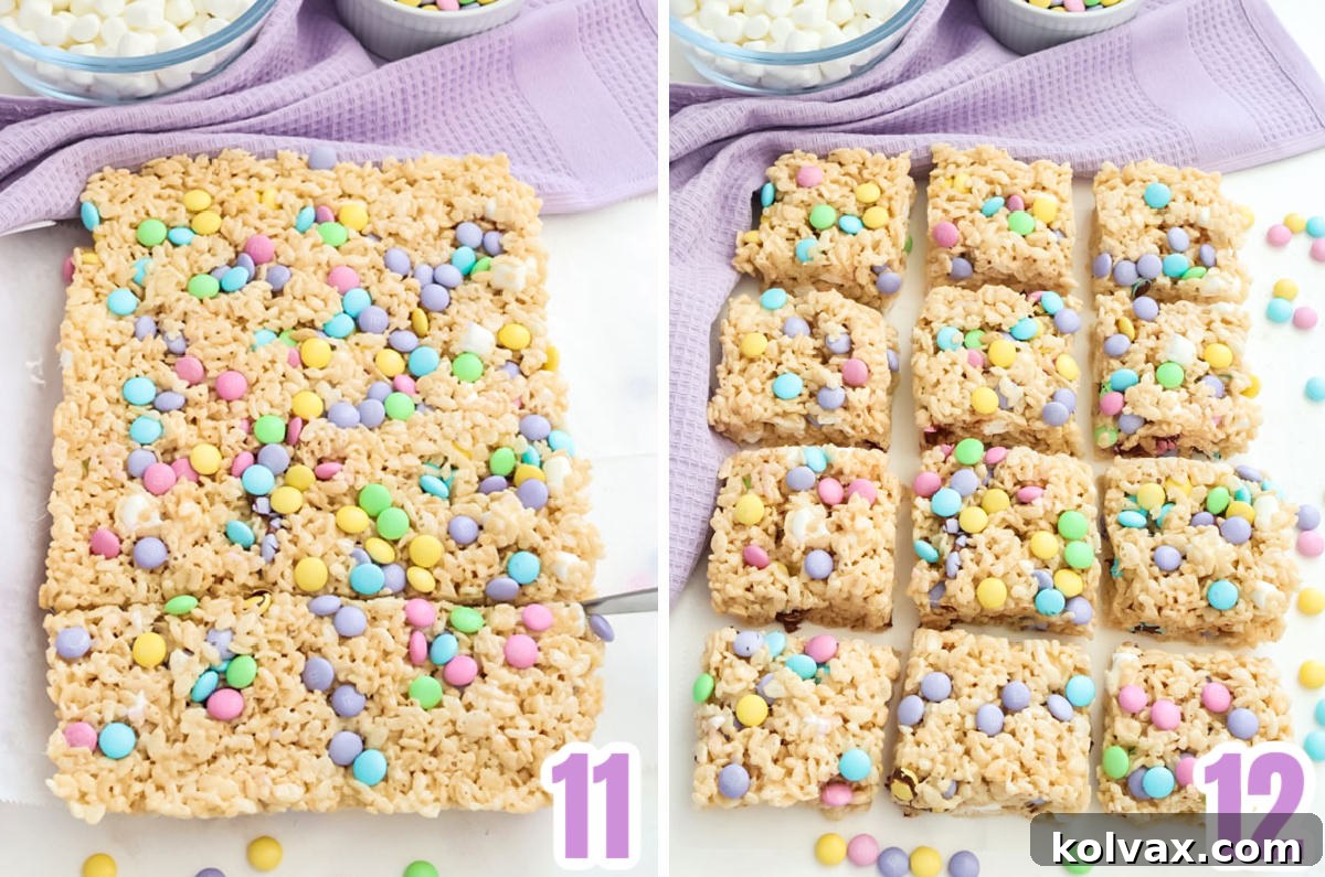 Collage image illustrating the steps for allowing Rice Krispie Treats to cool completely and then cutting them into individual servings.