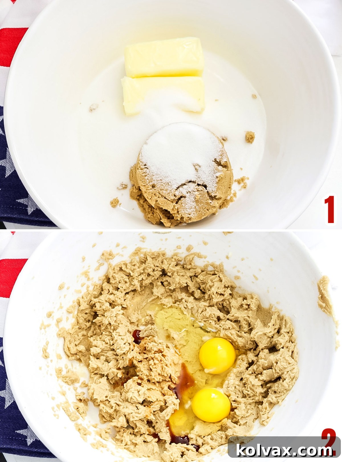 Collage image showing the steps for creaming softened butter, granulated sugar, and brown sugar in a mixer to create the foundational cookie dough.