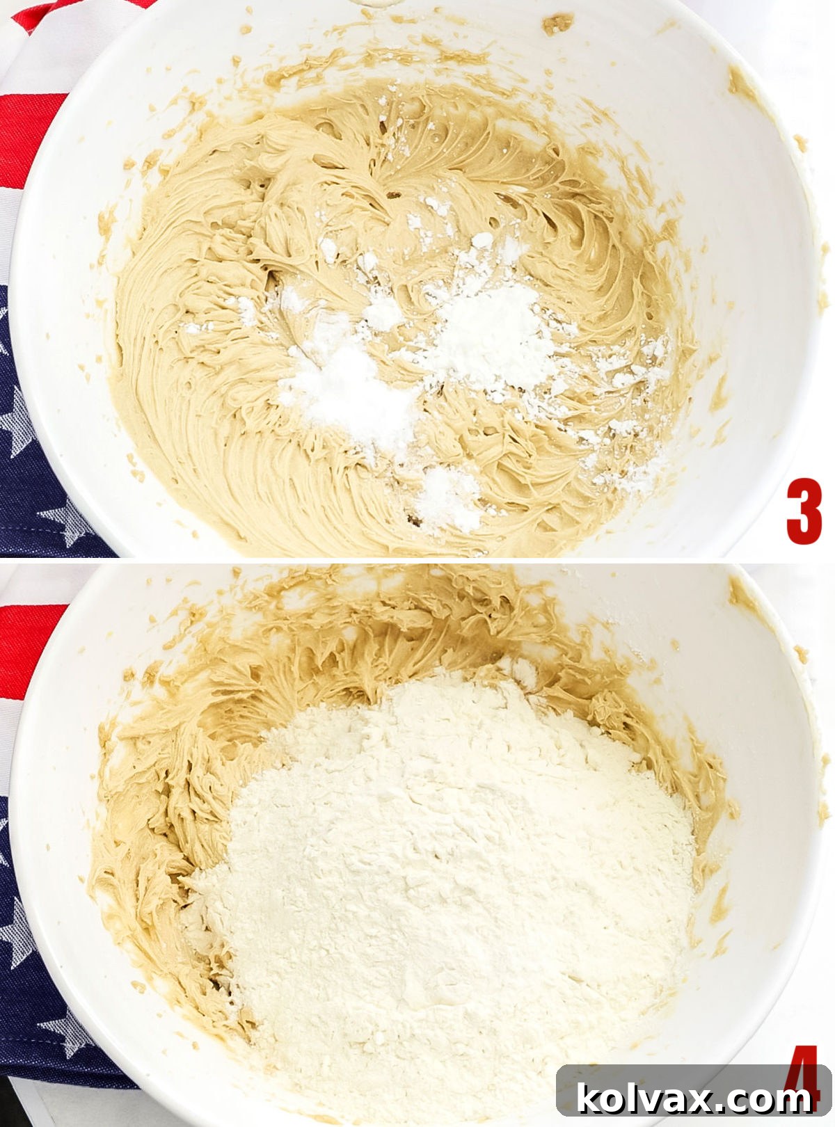 Collage image demonstrating the steps for adding dry ingredients like baking soda, salt, corn starch, and flour to the wet cookie dough mixture.