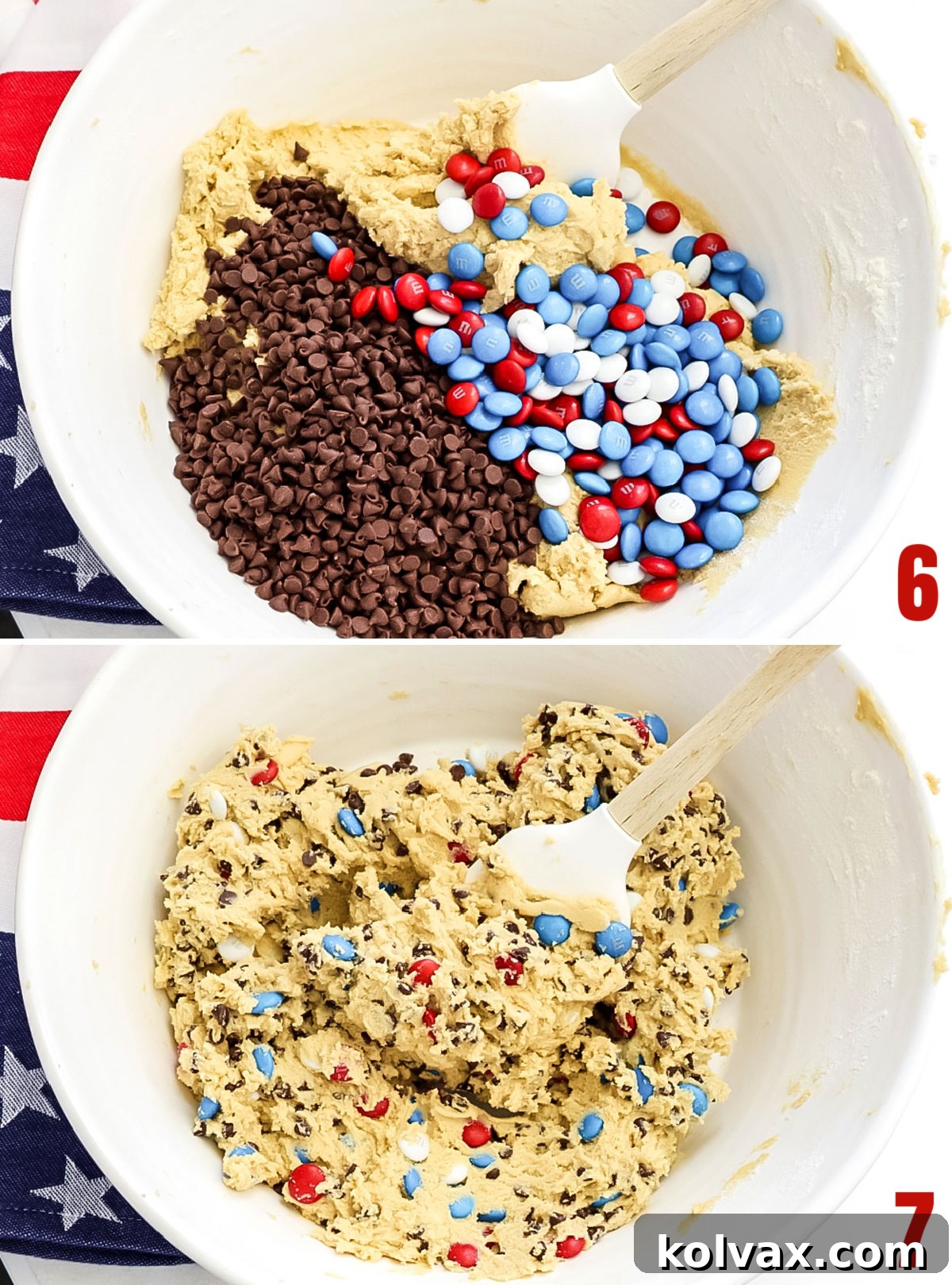 Collage image showing the final steps of folding in Mini Chocolate Chips and Red, White, and Blue M&M's into the prepared cookie dough for patriotic cookie bars.