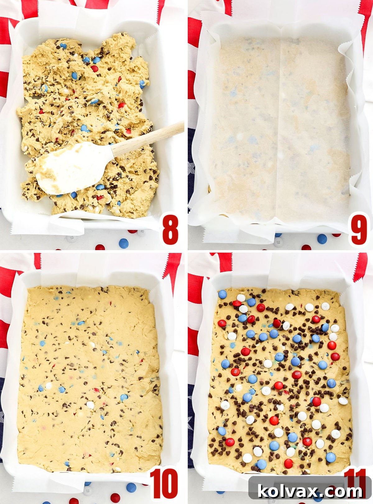Collage image illustrating the steps for preparing the baking pan, spreading the patriotic cookie dough, and topping it with extra chocolate chips and M&M's before baking.