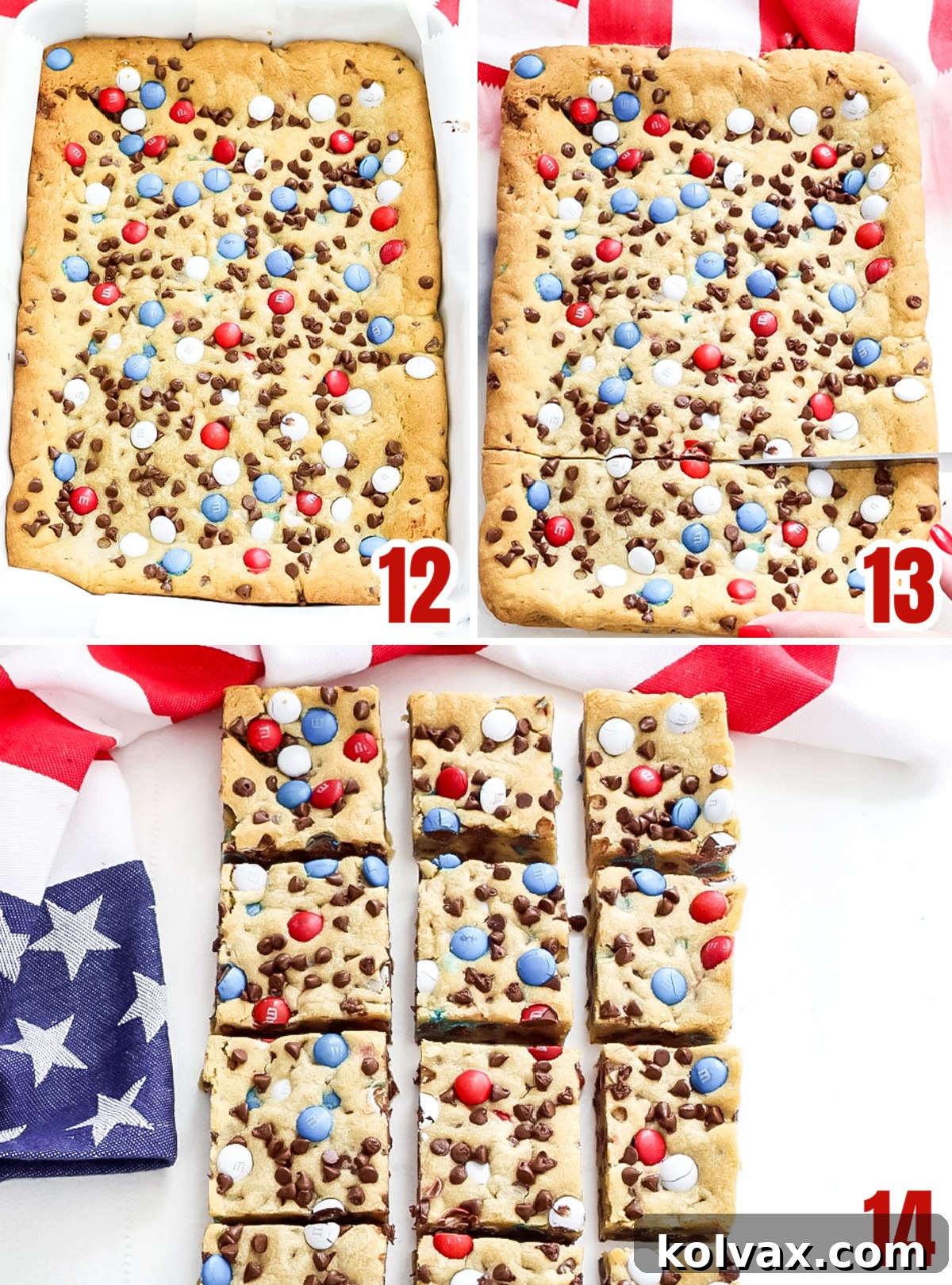 Collage image showing the final steps of baking patriotic M&M cookie bars until golden brown, cooling them on a rack, and then cutting them into individual squares for serving.