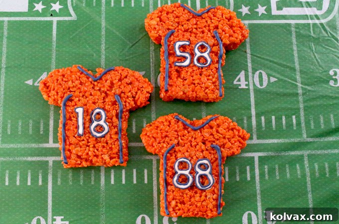 Denver Broncos Rice Krispie Treat Jerseys - The ultimate game day football dessert for NFL parties and Super Bowl celebrations. Show your team spirit!