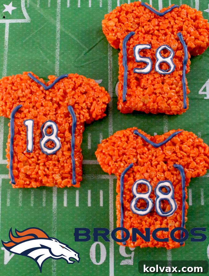 A festive platter of Denver Broncos Rice Krispie Treat Team Jerseys, perfect for any football event.