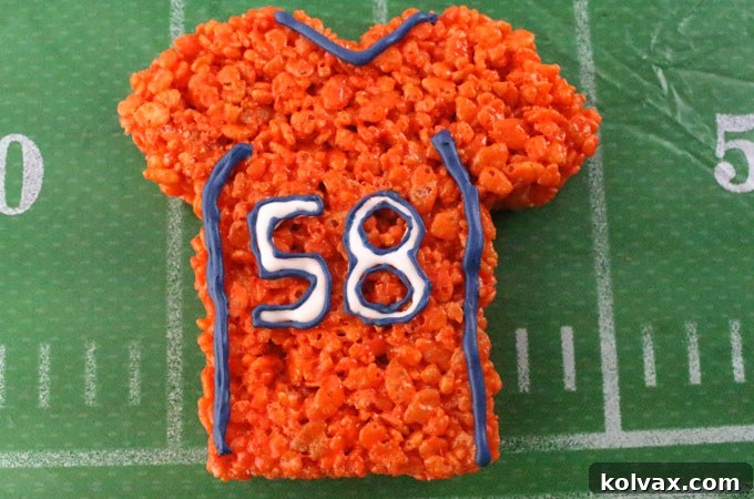 Beautifully decorated Denver Broncos Rice Krispie Treat jerseys, ready for game day!