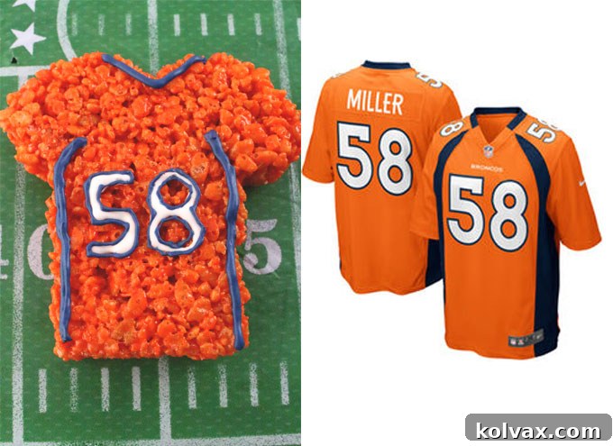 Comparison shot: A Denver Broncos Rice Krispie Treat jersey next to an actual Broncos jersey, showcasing the impressive likeness.