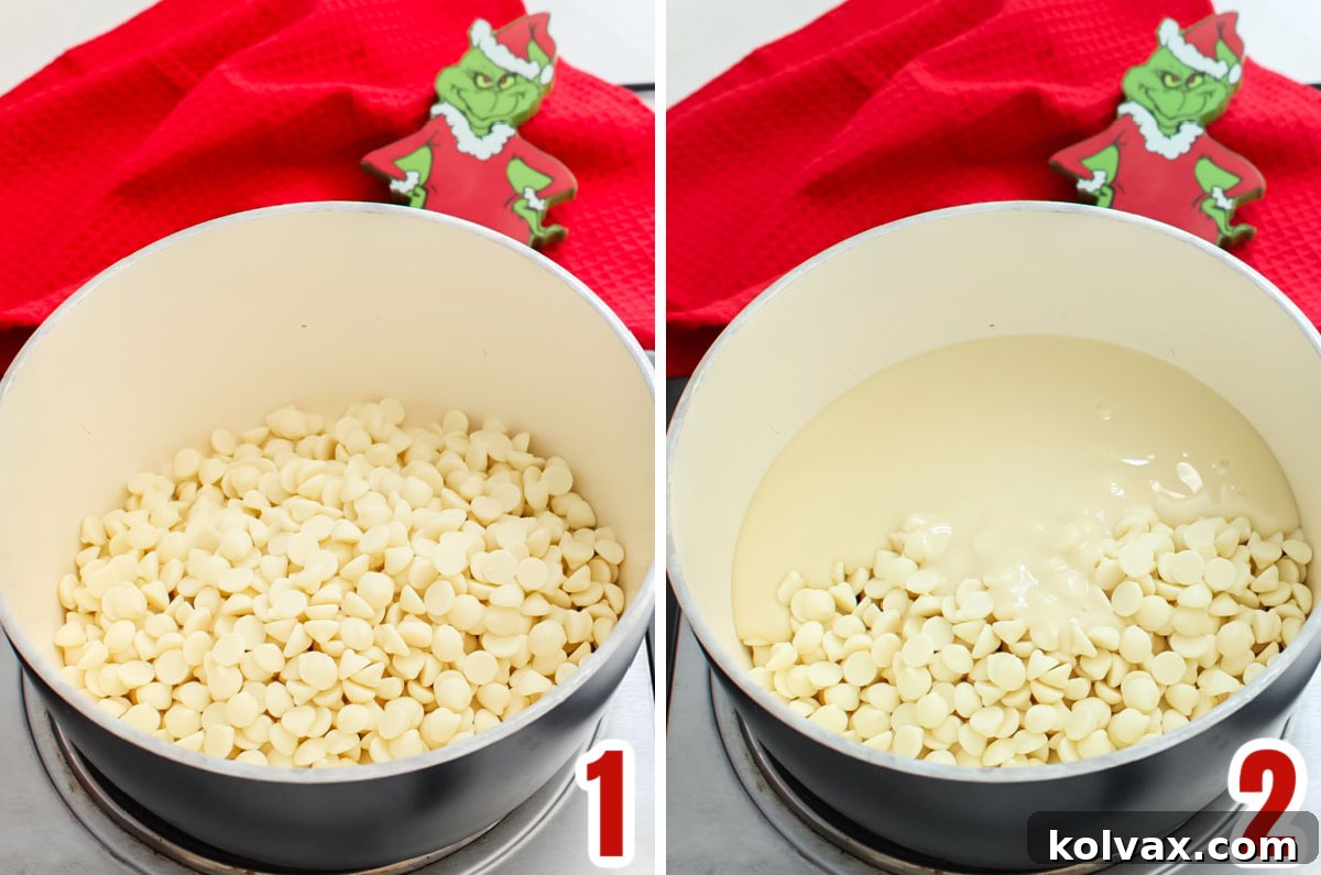 A visual collage illustrating the initial steps of making Grinch Fudge, showing white chocolate chips and sweetened condensed milk being combined in a saucepan, ready for melting.