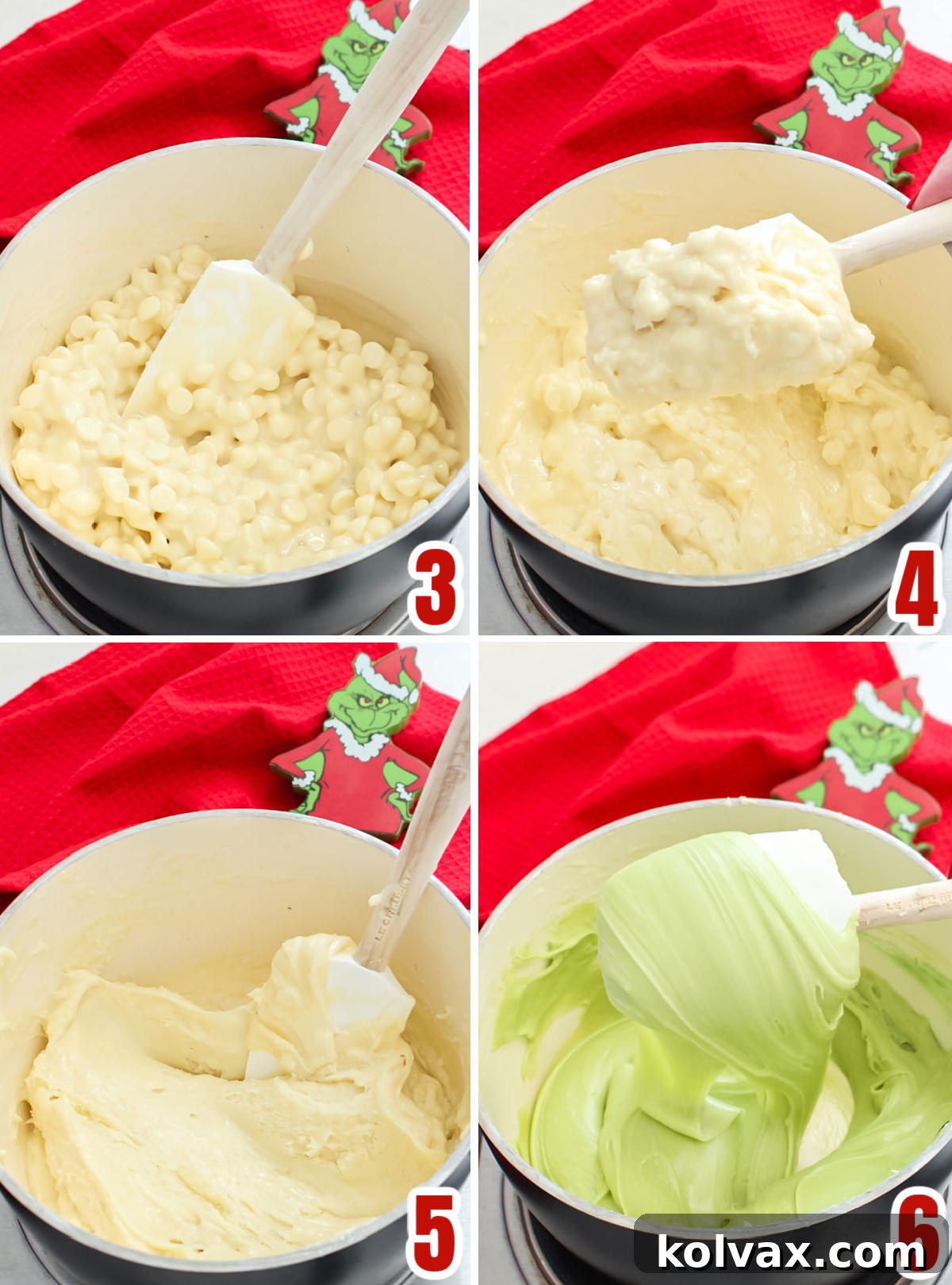 A collage showing the process of melting the white chocolate and condensed milk mixture, followed by the addition and thorough incorporation of green food coloring to create the signature Grinch hue.