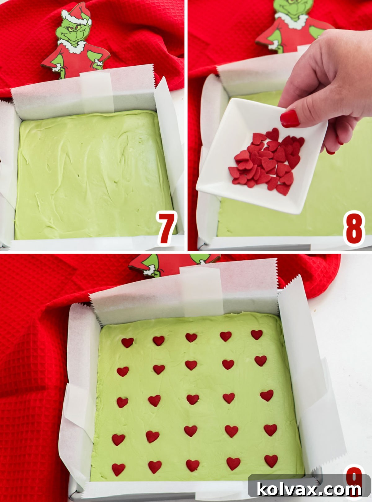 A collage demonstrating the final decorating steps for the Grinch Fudge, showing jumbo heart sprinkles being pressed into the vibrant green fudge mixture, spaced out for individual pieces.