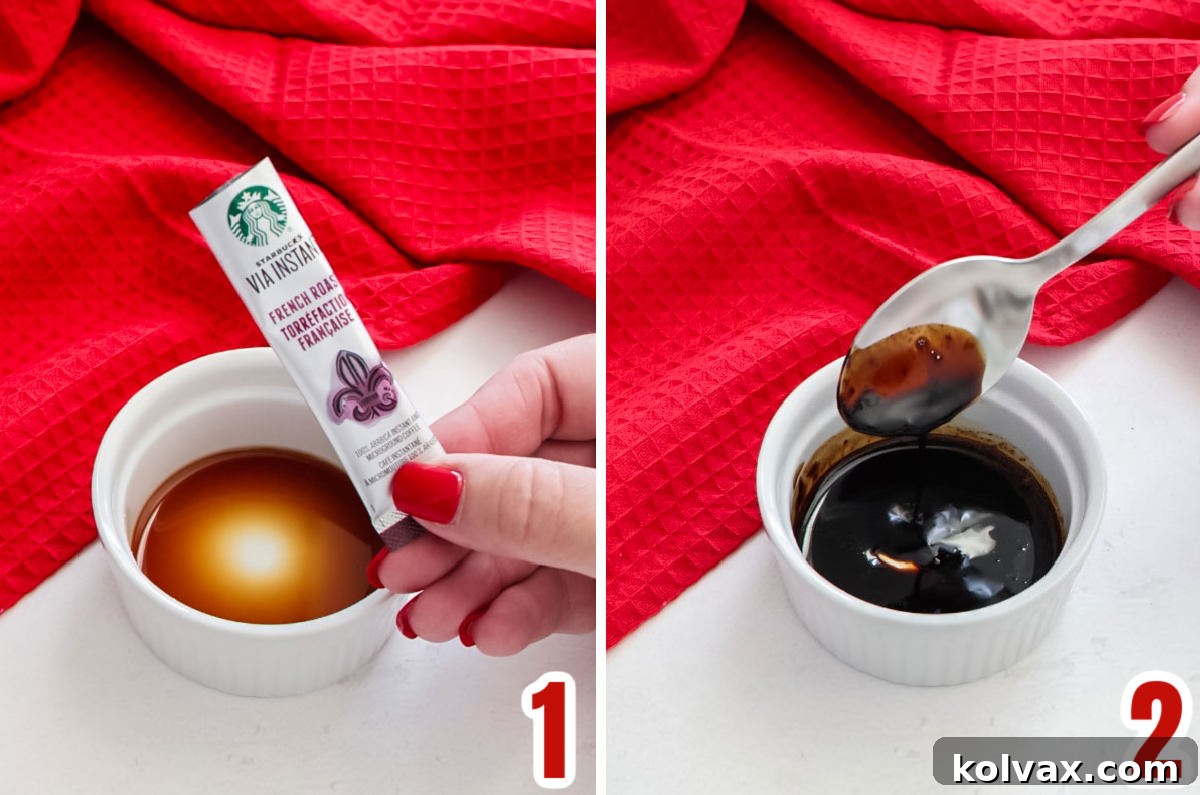 Collage image showing the steps for dissolving instant coffee in Vanilla extract, stirring until clear.