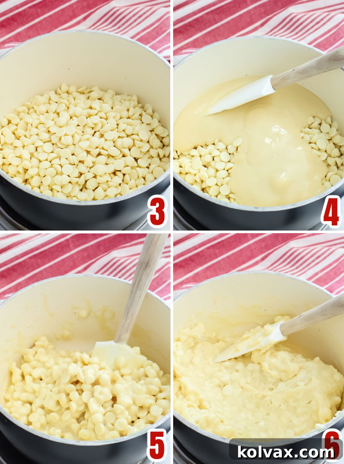 Collage image showing the steps for melting the White Chocolate Chips with the Sweetened Condensed Milk in a saucepan.