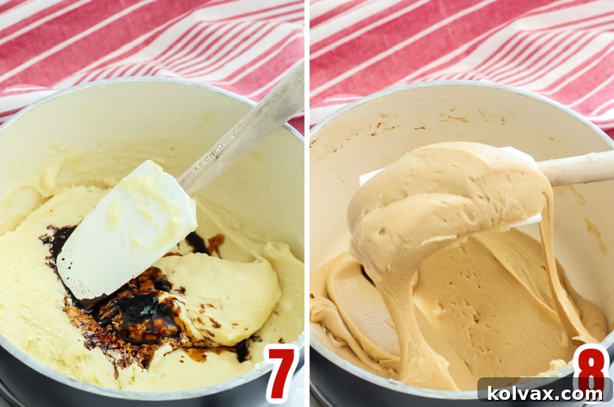 Collage image showing the steps of adding the coffee/vanilla mixture to the White Chocolate Fudge and stirring.