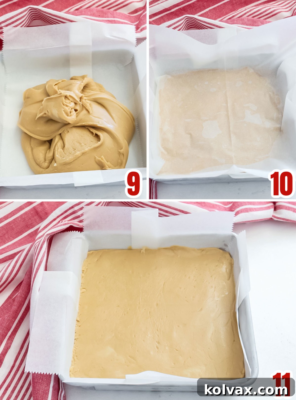 Collage image showing the steps for pouring the Coffee Fudge into an 8x8" pan and smoothing the top.