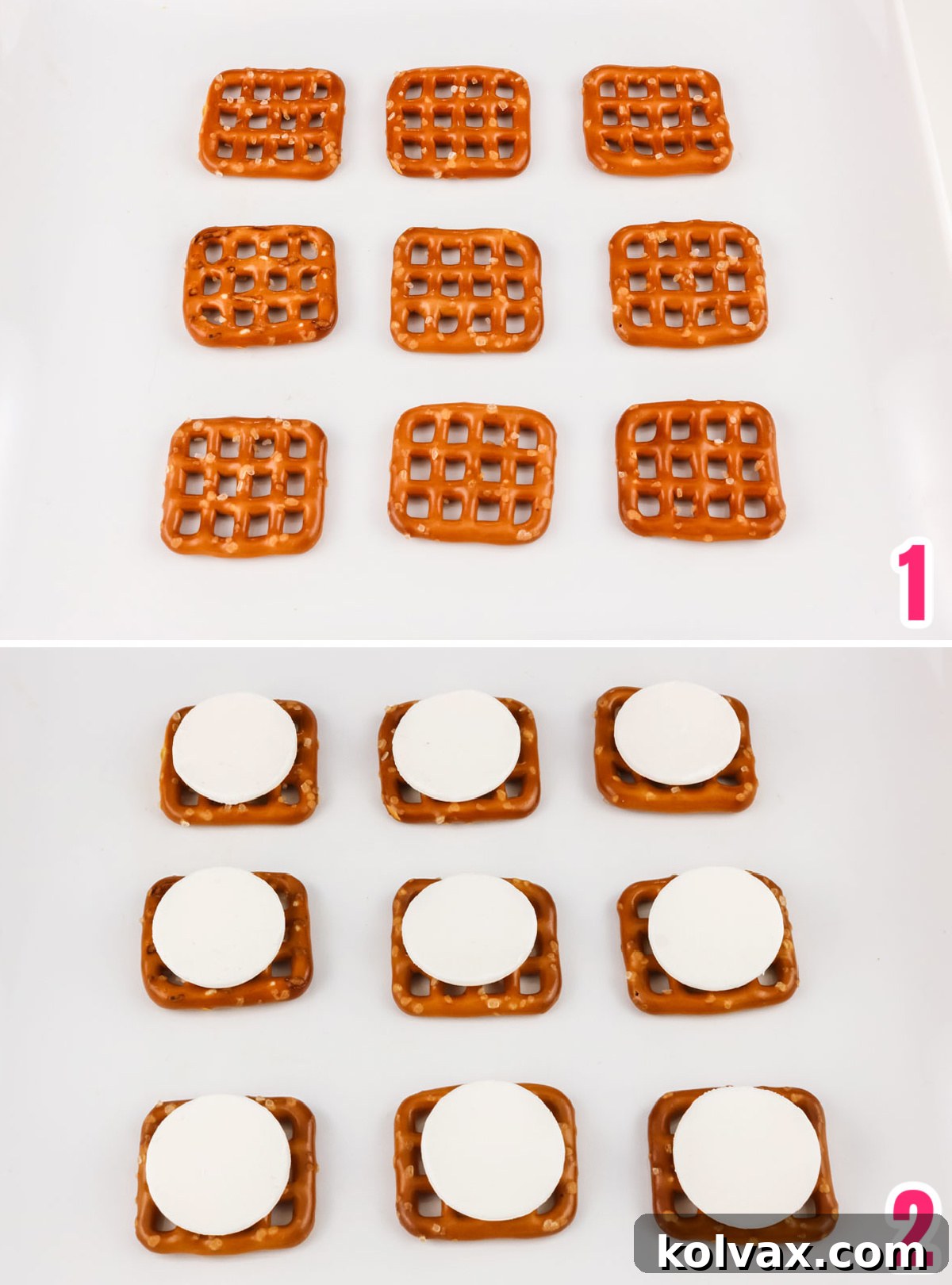 A collage demonstrating the initial steps: arranging pretzels on a plate and placing white candy melts in the center of each, prior to heating.