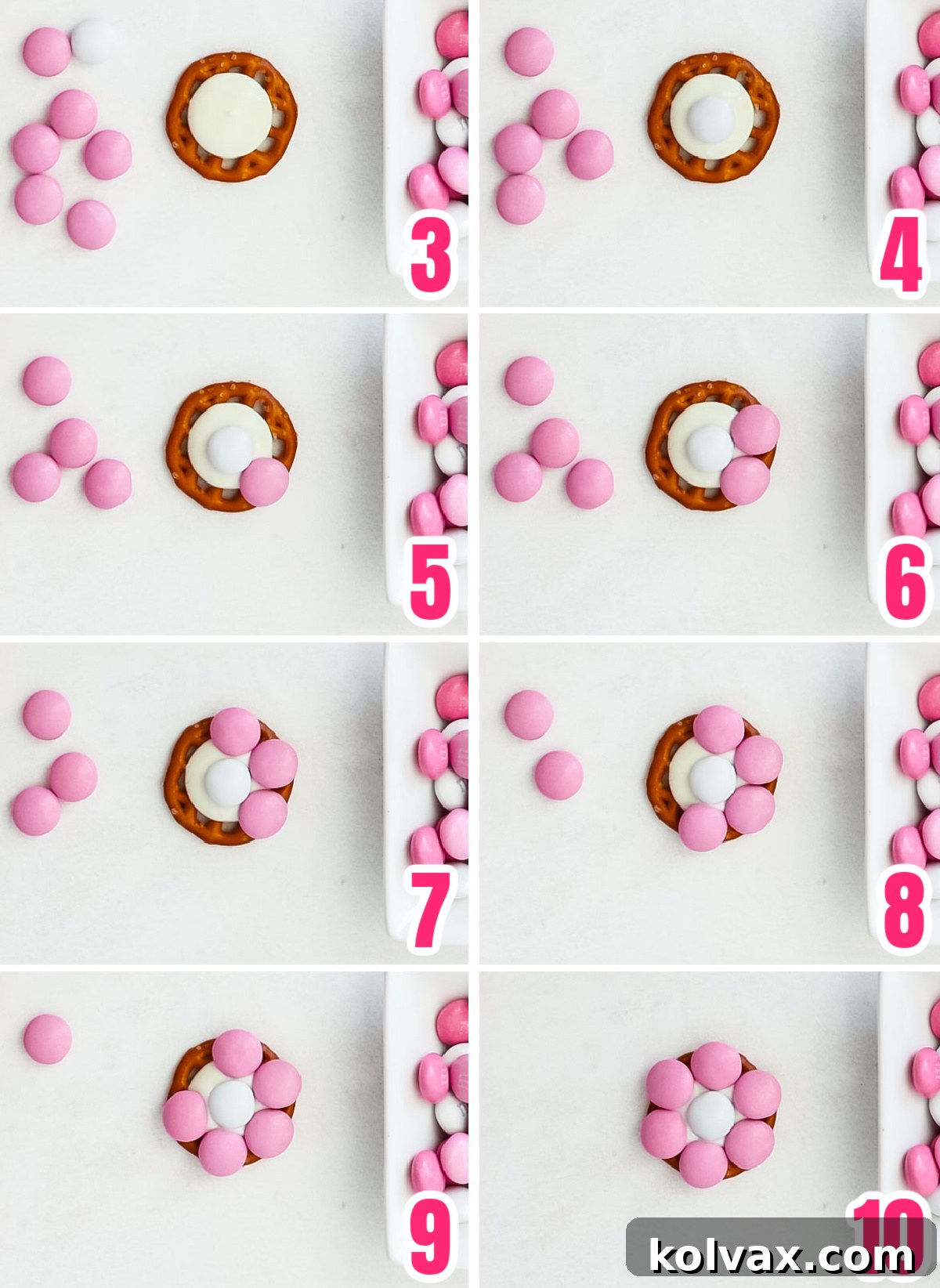 A detailed collage showing the process of arranging pink and white M&M's to form beautiful flower patterns on the melted candy melts.