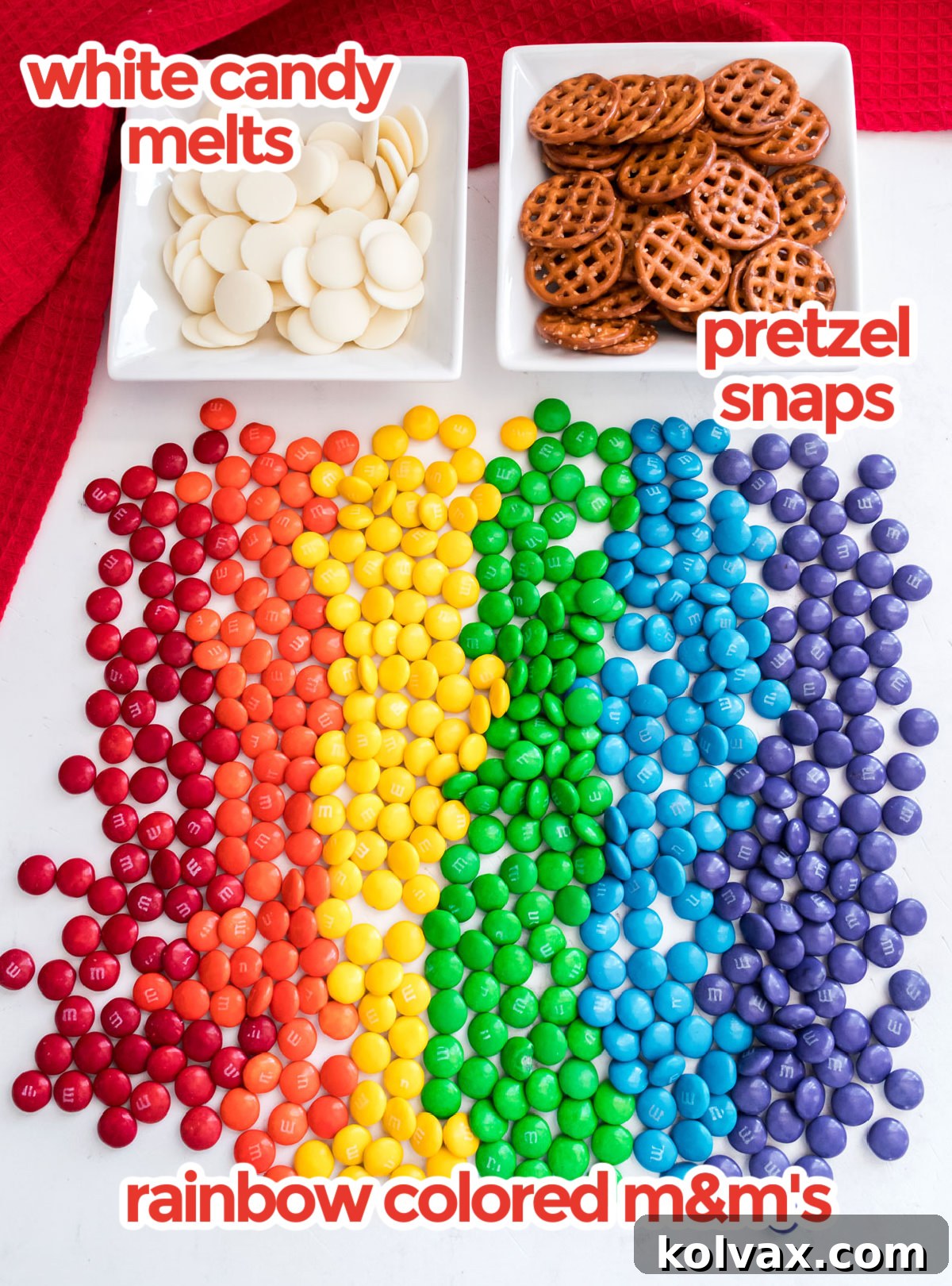 All the ingredients you will need to make Over the Rainbow Flower Pretzel Bites including M&M's, Pretzels and Candy Melts.