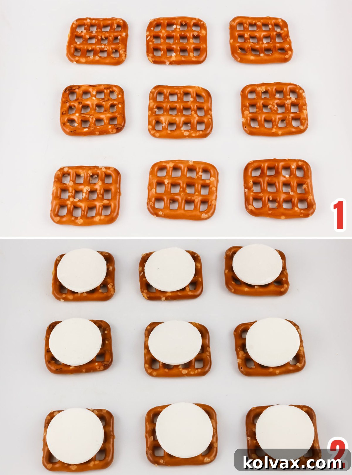Collage image showing the steps of how to melt the candy melts on the pretzels to make the Flower Pretzel Bites.